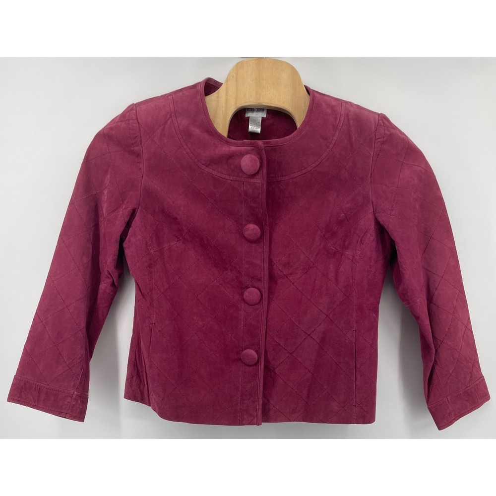 Chico's Jacket Size 2 Magenta Pink Quilted Suede Leather Snap Front Crop Chic
